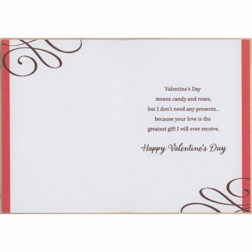Light Brown 3D Candy Box Lid, Sparkling Red Bow, Ribbon Along Right Edge Valentine's Day Card Perspective: back