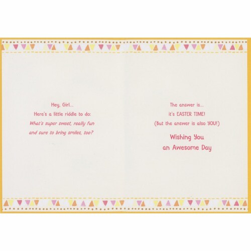 Smiley Faced Flower with Bunny Ears, Pink Tulip and Pink Butterfly: Girl Easter Card Perspective: back