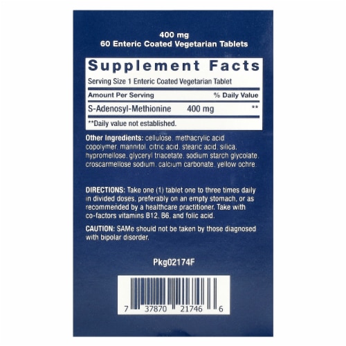 Life Extension SAMe S-Adenosyl-Methionine 400 mg - 60 Enteric Coated Vegetarian Tablets Perspective: back