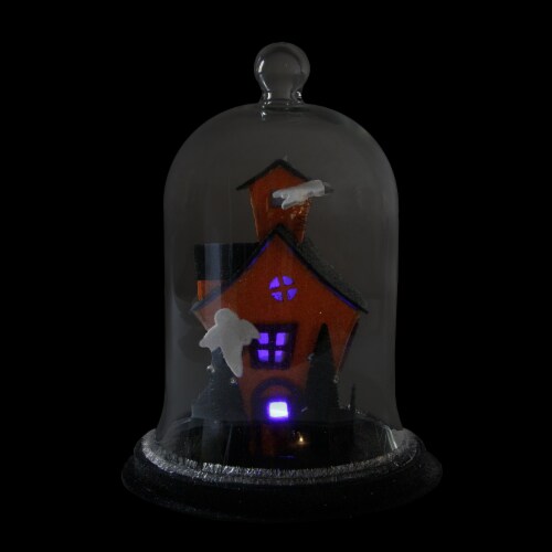 Midwest 9.75 Clear and Black LED Spooky House with Ghosts on the Roof Halloween Cloche Perspective: back