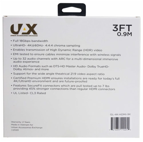 UAX GL4KHDMI1M 3 ft. 4K HDMI Cable Perspective: back