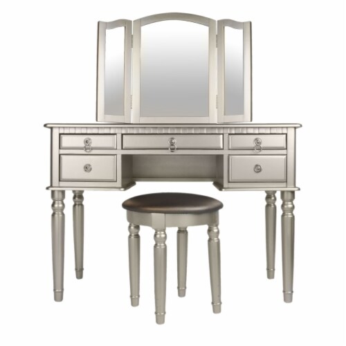 Poundex Furniture Wood Vanity Set with Mirror and Stool Silver Color Perspective: back