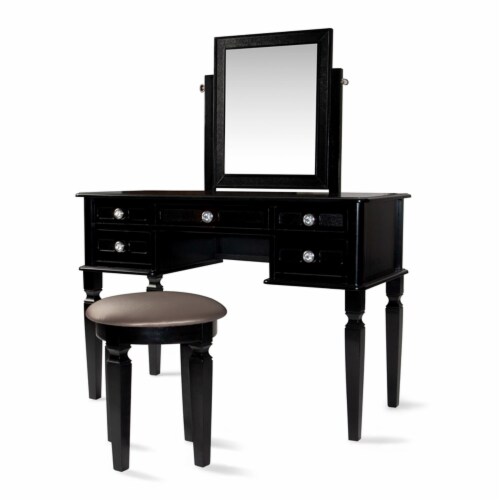 Poundex Wood Vanity Set with Stool and Mirror in Galaxy Black Perspective: back