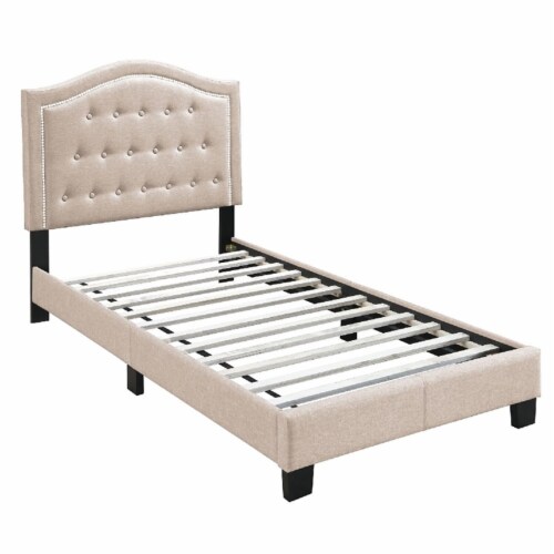Poundex Twin Burlap Fabric Upholstered Bed Frame with Slats in Light