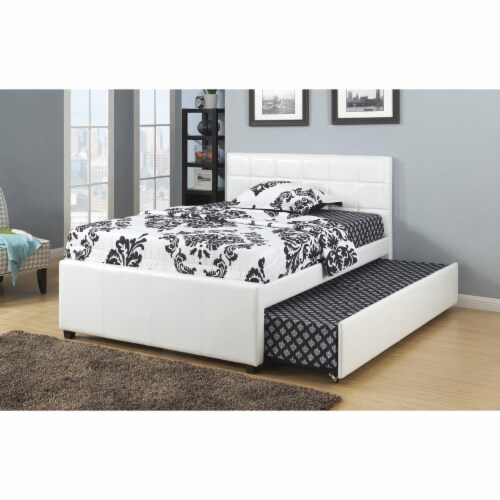 Multi utility Twin Bed With Trundle Squ Tufted Head Boards White- Saltoro Sherpi Perspective: back