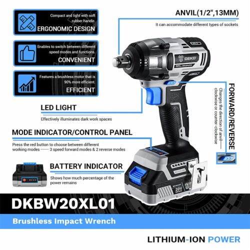 DEKO 20V Cordless Impact Wrench w Brushless Motor Lithium Battery and Charger 1 Piece Kroger