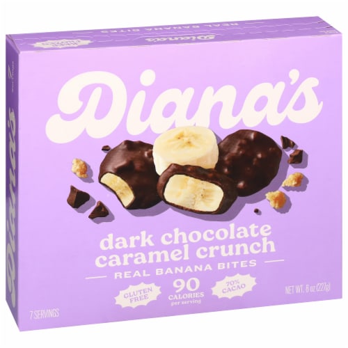 Diana's 100% Gluten Free Dark Chocolate Caramel Crunch Frozen Fresh Fruit Bananas Bites Perspective: back