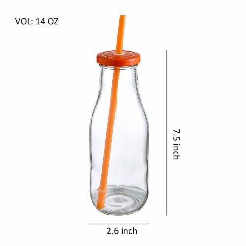WHOLE HOUSEWARES | 14 Oz Glass Milk Bottle Set of 8+Lids/Straws Perspective: back