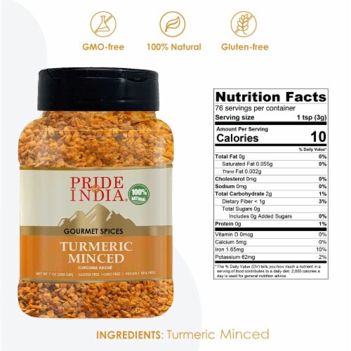 Pride of India Turmeric Minced Whole 7 oz. Medium Dual Sifter Jar Perspective: back