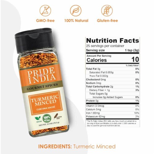Pride of India Turmeric Minced Whole 2.8 oz. Small Dual Sifter Jar Perspective: back