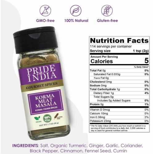 Korma Meat Masala Mix Seasoning Spice Blend 1.7 oz. Small Dual Sifter Bottle Perspective: back