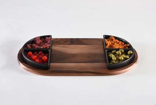 Charcuterie/ Serving Tray w/ 4 black triangular ceramic bowls Perspective: back