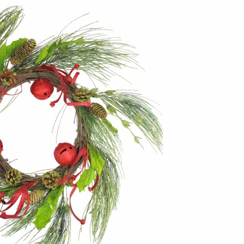 Melrose Red and Green Jingle Bell Glitter Artificial Christmas Wreath - 21-Inch, Unlit Perspective: back