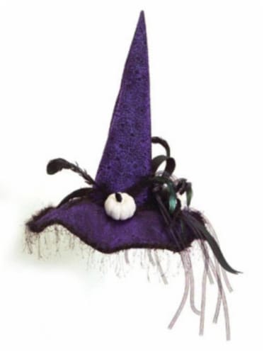 Melrose 22 Purple and Black Witch Halloween Hat with Pumpkins Tabletop Decor Perspective: back
