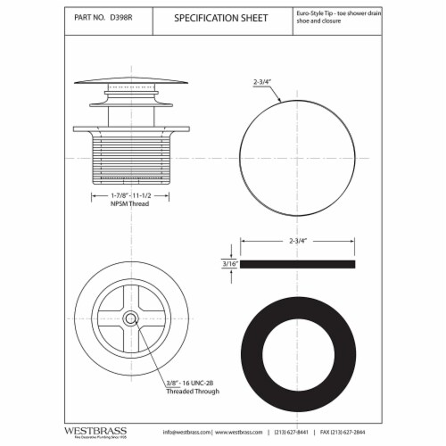 Westbrass 1.5 Inch Round Mushroom Cap Coarse Thread Tiptoe Bathtub Drain, Black Perspective: back