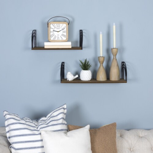 Stratton Home Decor Farmhouse Set of 2 Matte Black Arched Metal and Wood Wall Shelves Perspective: back