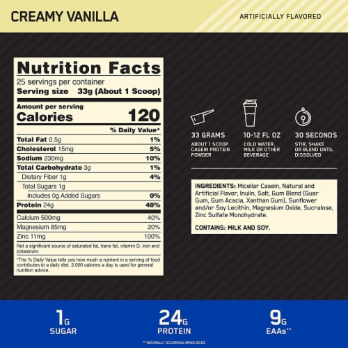 Optimum Nutrition Gold Standard 100% Micellar Casein Protein Powder, Creamy Vanilla, 1.81 Lbs Perspective: back