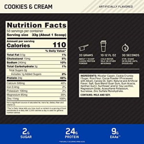 Optimum Nutrition Gold Standard 100% Micellar Casein Protein Powder, Cookies and Cream, 3.86 Lbs Perspective: back