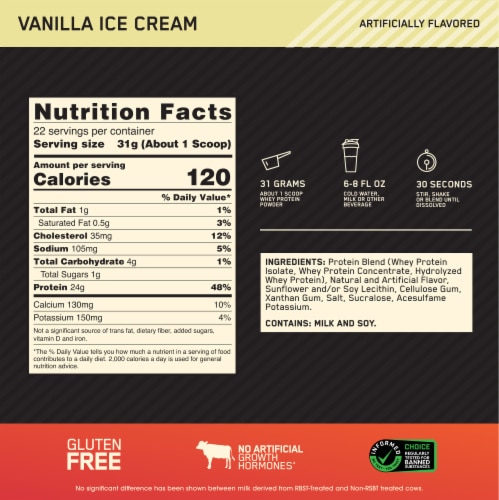 Optimum Nutrition Gold Standard Whey Vanilla Ice Cream Protein Powder Perspective: back