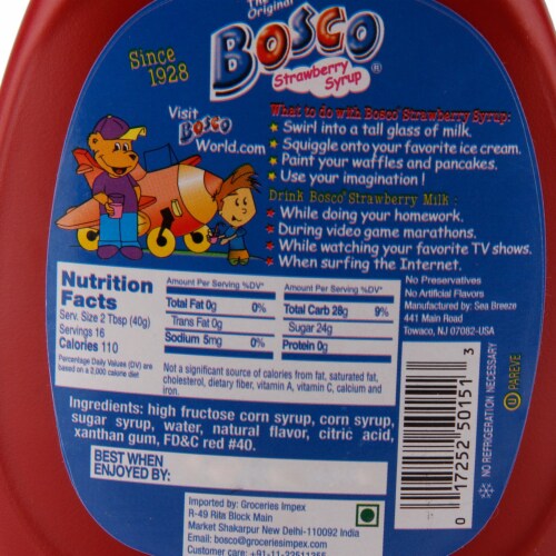 Bosco Strawberry Syrup 22oz Perspective: back