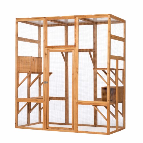 FX070 - Outdoor Cat Enclosure with Sunlight Top Panel, Perches, Sleeping Boxes, Pet Playpen Perspective: back