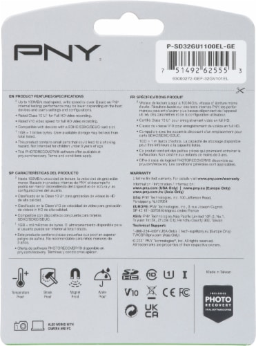 PNY® 32GB Elite Class 10 SDHC Flash Memory Card Perspective: back