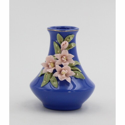 Mini Size Ceramic Sweet Pea Flower on Blue Vase, Home Décor, Gift for Her, Gift for Mom, Perspective: back