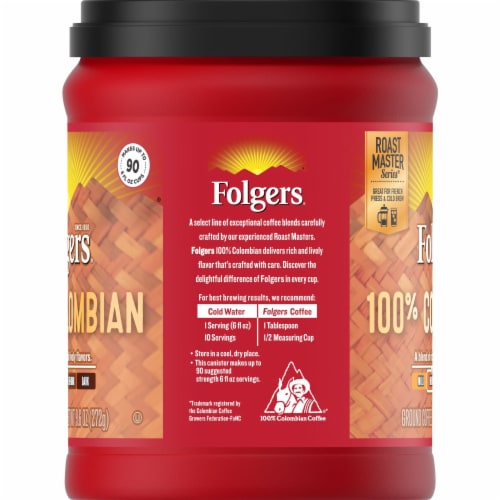 Folgers 100% Colombian Coffee, Medium Roast Ground Coffee 9.6 Ounce (Pack of 32) Perspective: back