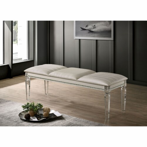 Leatherette and Wood Bench in Pearl White Finish Perspective: back