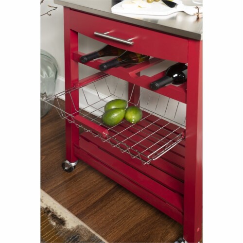 Linon Natalie Wood Stainless Steel Top Kitchen Cart in Red Perspective: back