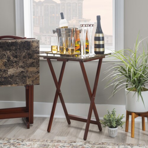 Linon Faux Marble Wood Five Piece Tray Table Set in Brown 1