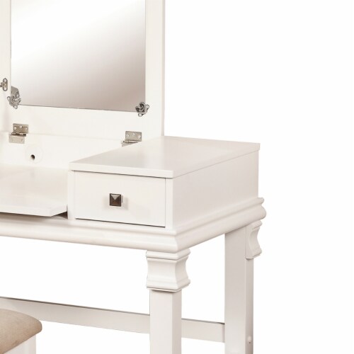 Wooden Vanity Set with Flip Top Mirror and 2 Drawers, White and Beige Perspective: back