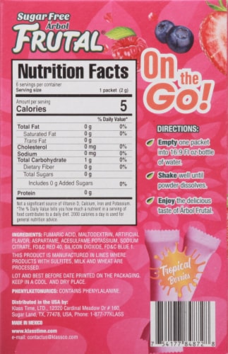 Arbol Frutal® Tropical Berries Sugar Free Drink Mix Packets Perspective: back