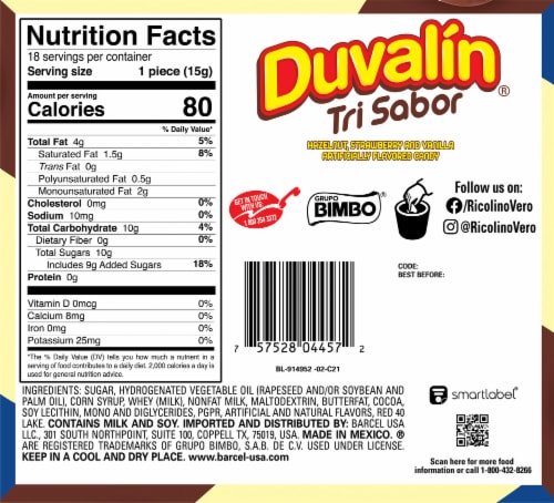 Ricolino® Duvalin® Tri Sabor Hazelnut Strawberry and Vanilla Candy Pack Perspective: back