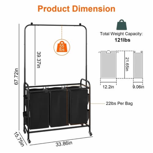 3 Bags Laundry Sorter With Garment Hanging Bar Laundry Hamper Rolling Cart Laundry Basket Or Perspective: back