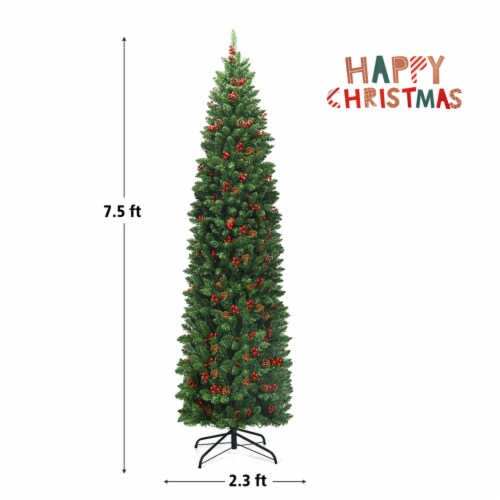 7.5Ft PreLit Pencil Christmas Tree Hinged Artificial Slim Tree w/ LED