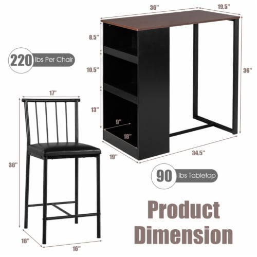 Gymax 3 Piece Counter Height Pub Dining Set Kitchen Table & Chairs w/ Storage Espresso Perspective: back
