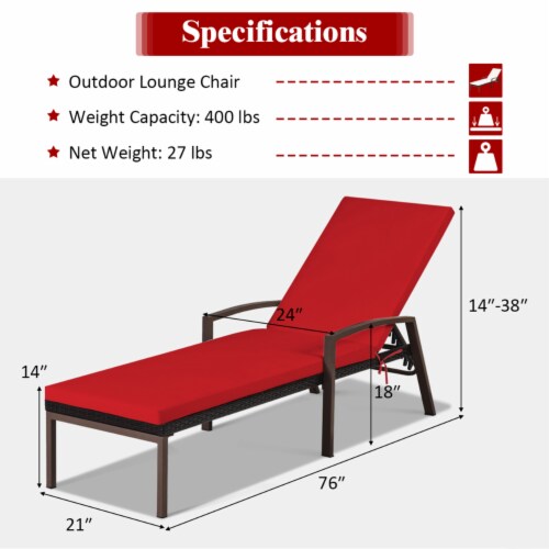 Gymax Adjustable Rattan Chaise Recliner Lounge Chair Patio Outdoor w/ Red Cushion Perspective: back