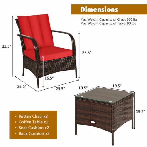 3PCS Patio Rattan Conversation Set Outdoor Furniture Set w/Table Perspective: back