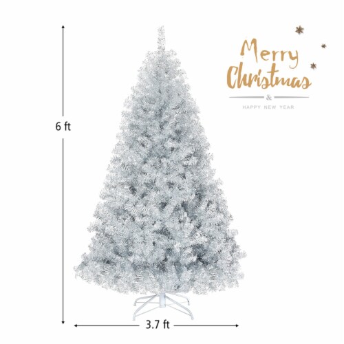 6 FT Silver Tinsel Christmas Tree Artificial Hinged Tree Holiday Decoration Perspective: back