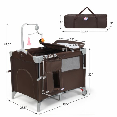 5-in-1 Baby Beside Sleeper Bassinet Portable Crib Playard w/Diaper Changer Brown Perspective: back