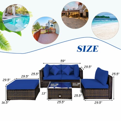 5PC Rattan Patio Conversation Set Outdoor Furniture Set w/ Ottoman Cushion Perspective: back