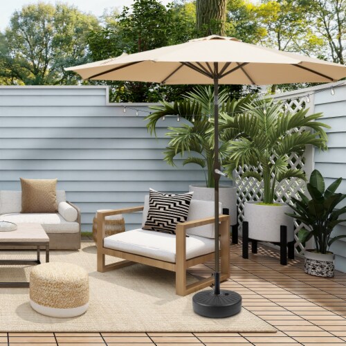 WestinTrends 9 ft. Patio Table Umbrella w/Black Round Freestanding Weight Base, Beige Perspective: back