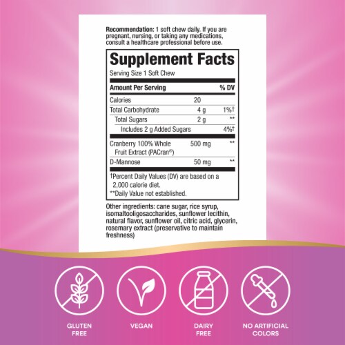 Nature's Way ActiFruit Cranberry Fruit with D-Mannose Vegetarian Soft Chews 500 mg Per Serving Perspective: back