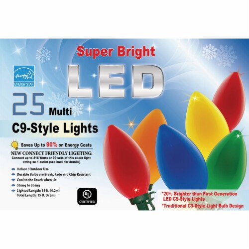 Super Bright Ceramic Multi 25-Bulb C9 LED String Light Set with Green Wire Perspective: back