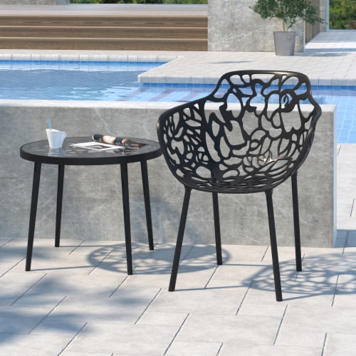 LeisureMod Devon Modern Glass Top Black Aluminum Base Outdoor 23  End Table Perspective: back
