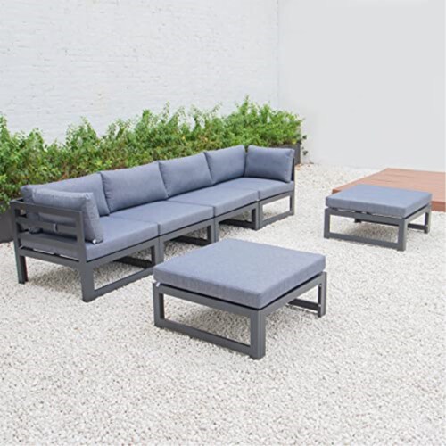 LeisureMod Chelsea 6-Piece Patio Ottoman Sectional Black Aluminum With Cushions Perspective: back