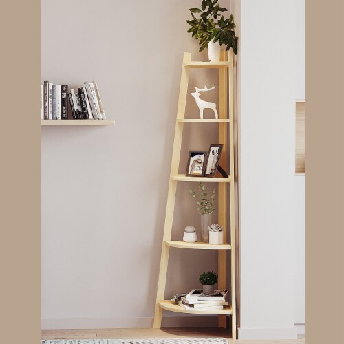 Stylish Corner Ladder Shelving Unit 5 Tier Wall Leaning Bookcase