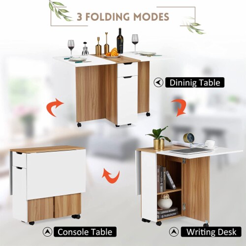 JOMEED Folding Dining Kitchen Table with Drawer and 2-Layer Storage Shelf, White Perspective: back