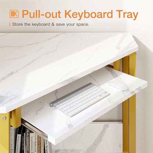 ODK Modern Triangle Corner Computer Desk with Smooth Keyboard Tray, Gold Marble Perspective: back
